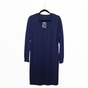 Lands End Navy Blue Long Sleeve V-Neck Sweater Dress Sz L